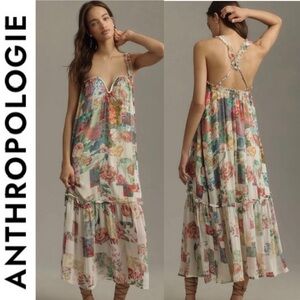 NWT Anthropologie Floral Chiffon Shift Midi Dress in pink combo xs